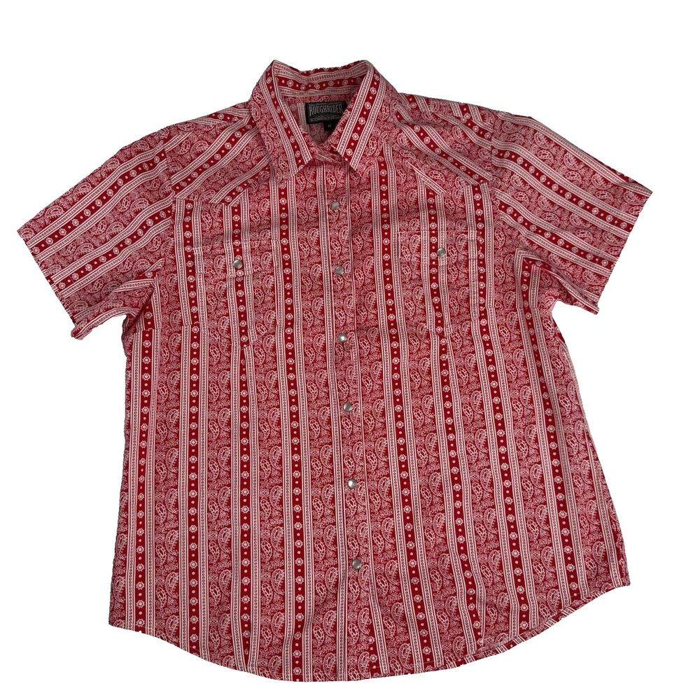 Vintage Rough Rider by Circle T Womenβs M Red Paisley Pearl Snap Western Shirt